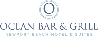 The image shows the logo of "Ocean Bar & Grill" located at Newport Beach Hotel & Suites, featuring an emblem with an 'O' and ocean waves.