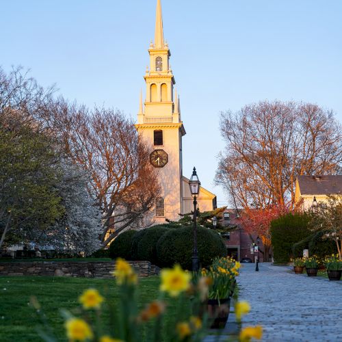 A church with a tall steeple stands at the end of a cobblestone path lined with yellow flowers, illuminated by soft evening light.