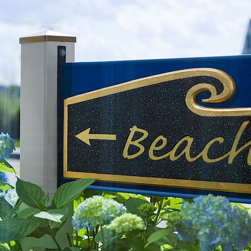 The image shows a sign with a wave design pointing towards the beach, surrounded by green plants with blue flowers in the foreground.