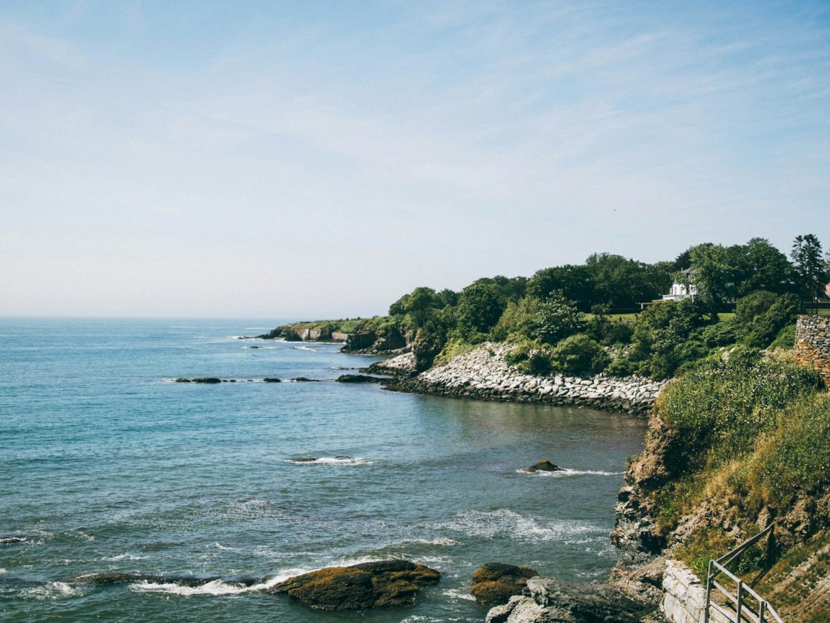 A beautiful coastal landscape featuring a rocky shoreline, lush greenery, and calm ocean waters under a clear blue sky ends the sentence.