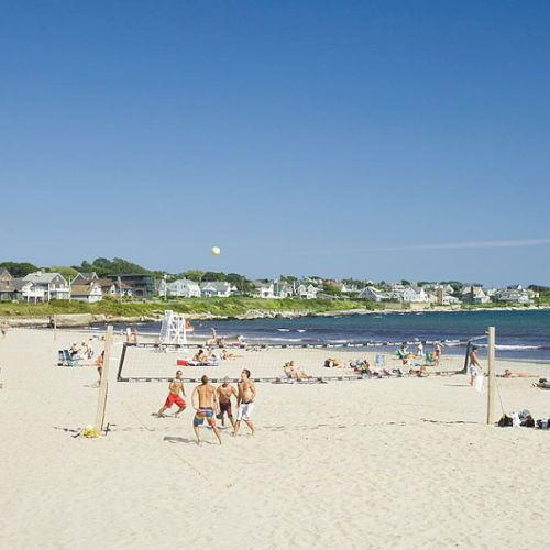 A beach scene with people playing volleyball, lounging, and walking. Flags are displayed on the left, and houses are visible in the background.