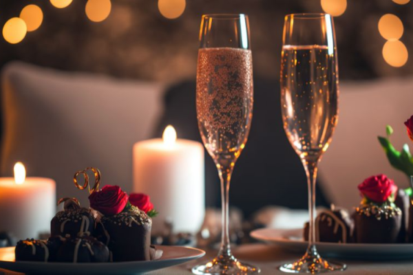 The image shows a romantic setting with two glasses of champagne, candles, and plates of chocolates and roses on a table.