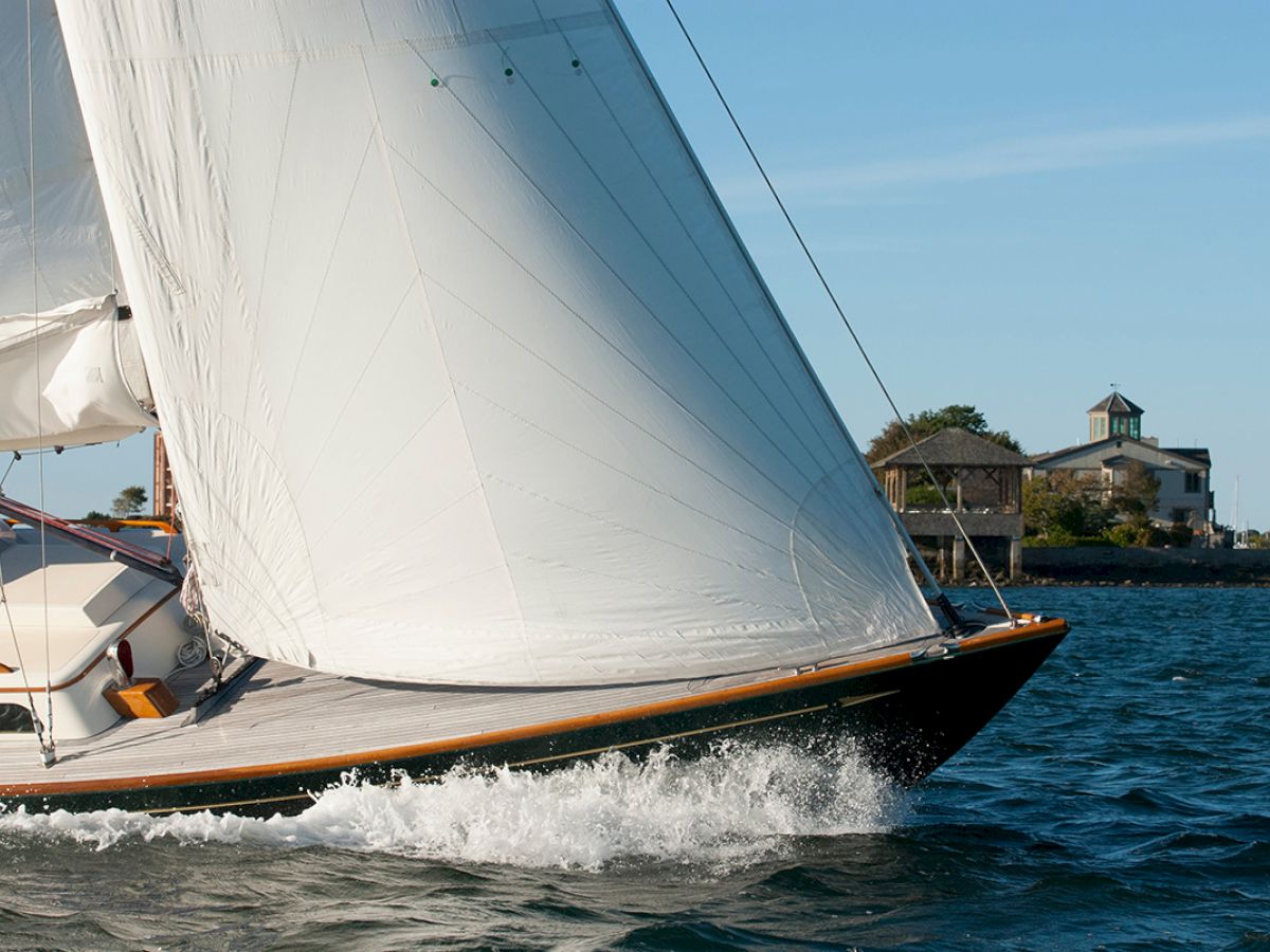 A sailboat with white sails glides over water, with a shoreline and buildings in the background under a clear blue sky.