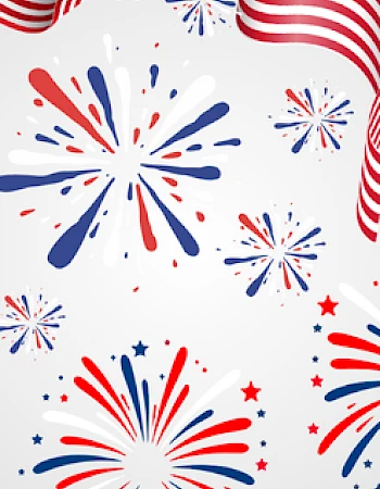 The image features a patriotic theme with red, white, and blue fireworks and an American flag in the background.