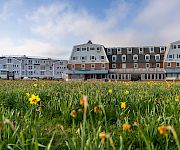 A seaside hotel with a grassy field of yellow flowers in the foreground and a brick-and-blue roofed building in the background, under a partly cloudy sky.