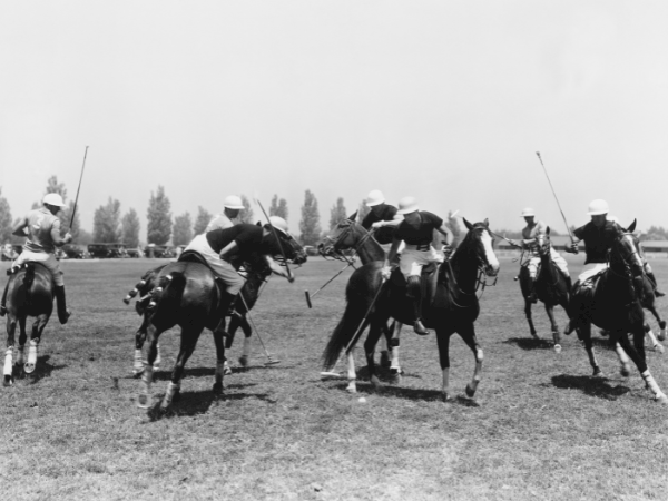 A group of players on horseback playing polo, sticks raised, chasing the ball on a grassy field under a clear sky.
