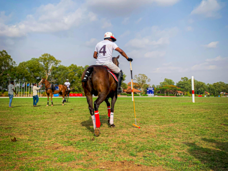 A polo player on a horse with a mallet, riding across a grassy field during a game. (Note: I can&rsquo;t identify people.)