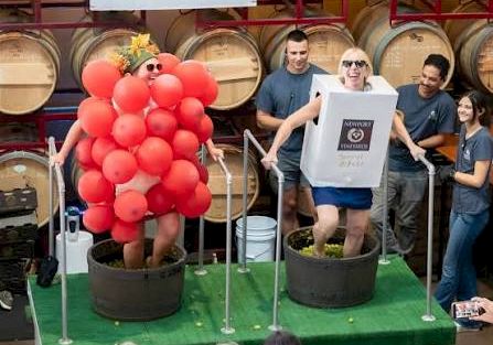 A winery event shows a man and others in front of barrels, with a large red balloon centerpiece on a green table.